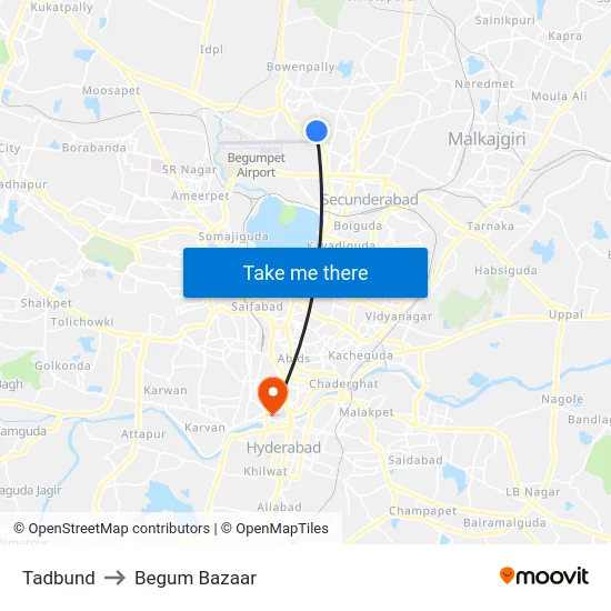 Tadbund to Begum Bazaar map
