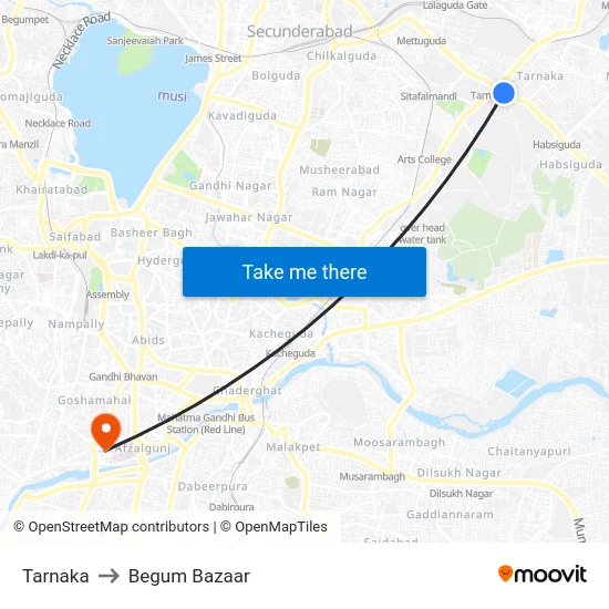 Tarnaka to Begum Bazaar map