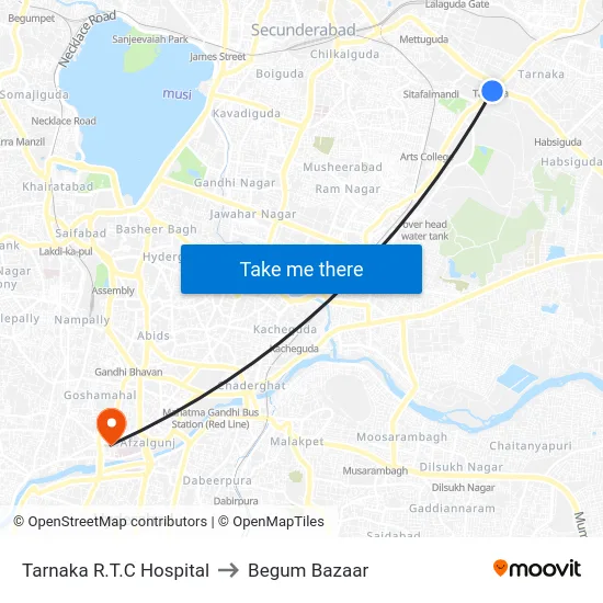 Tarnaka R.T.C Hospital to Begum Bazaar map