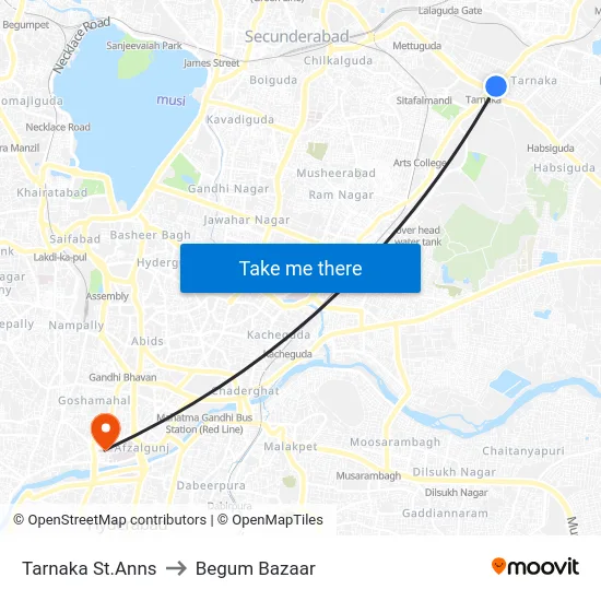 Tarnaka St.Anns to Begum Bazaar map