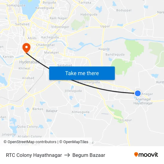 RTC Colony Hayathnagar to Begum Bazaar map