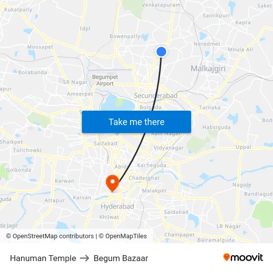 Hanuman Temple to Begum Bazaar map