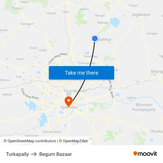 Turkapally to Begum Bazaar map
