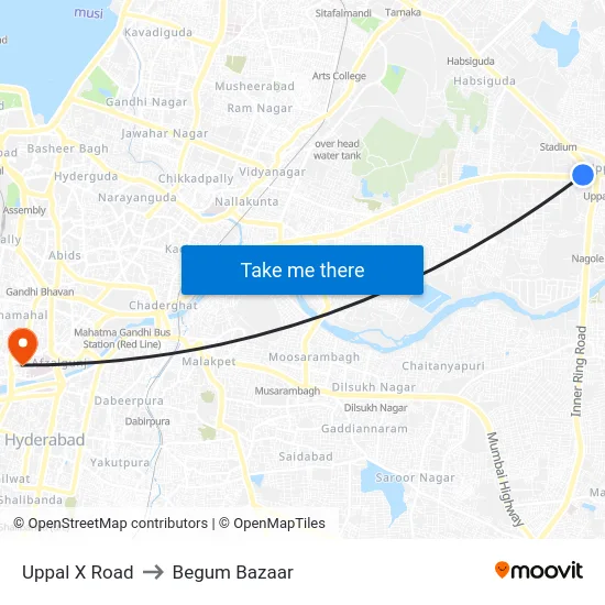 Uppal X Road to Begum Bazaar map
