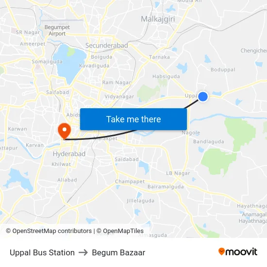 Uppal Bus Station to Begum Bazaar map