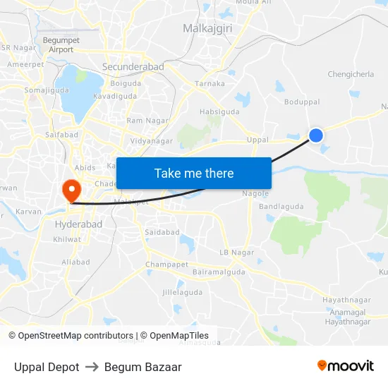 Uppal Depot to Begum Bazaar map