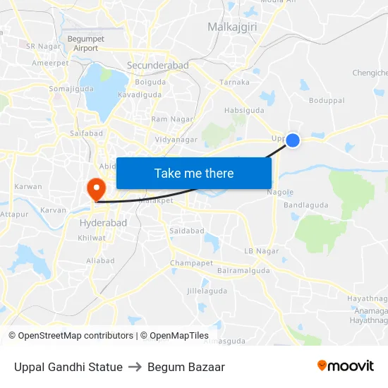 Uppal Gandhi Statue to Begum Bazaar map