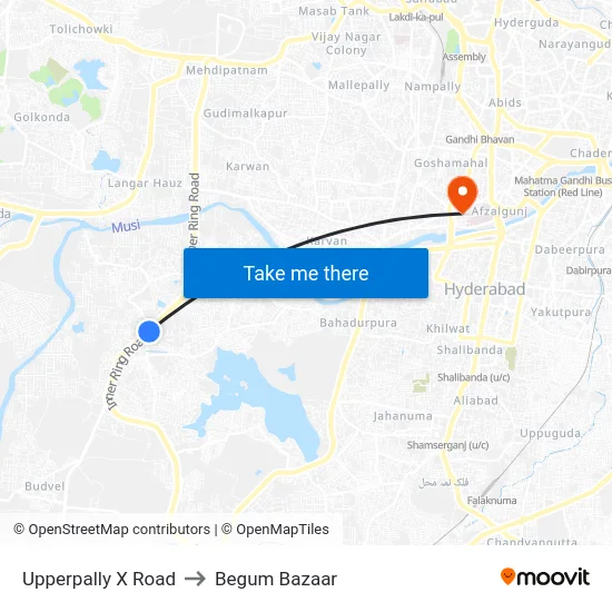 Upperpally X Road to Begum Bazaar map