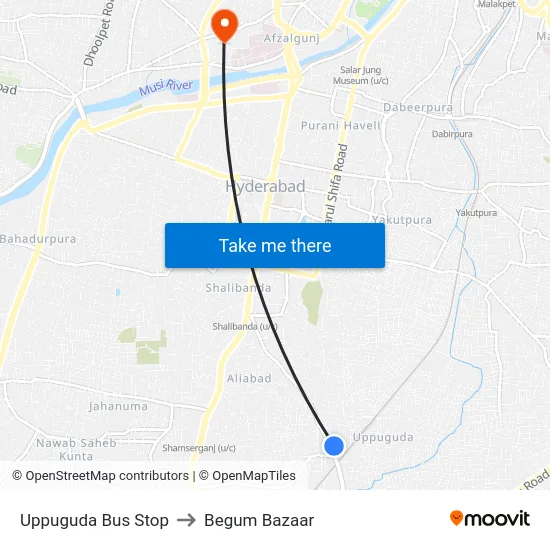 Uppuguda Bus Stop to Begum Bazaar map