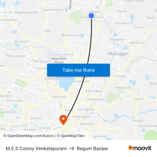 M.E.S Colony Venkatapuram to Begum Bazaar map