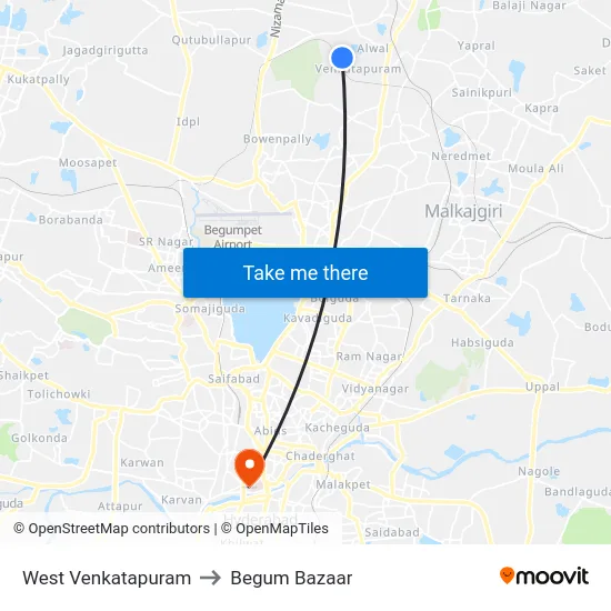 West Venkatapuram to Begum Bazaar map