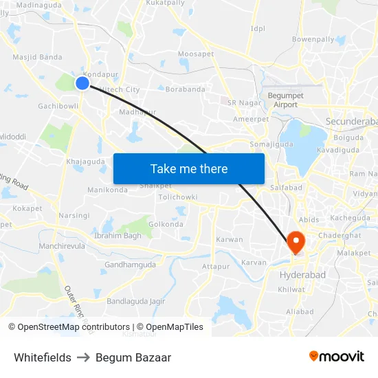 Whitefields to Begum Bazaar map