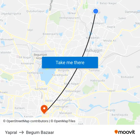Yapral to Begum Bazaar map