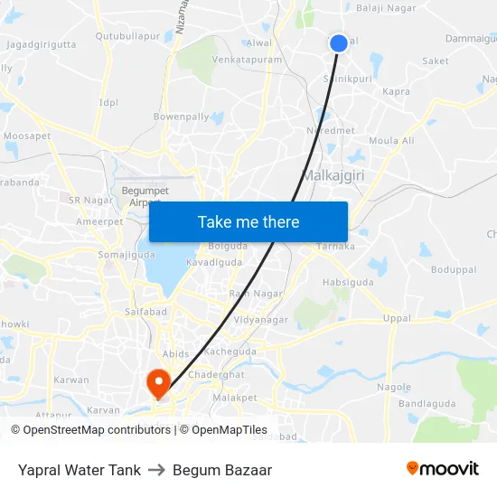 Yapral Water Tank to Begum Bazaar map