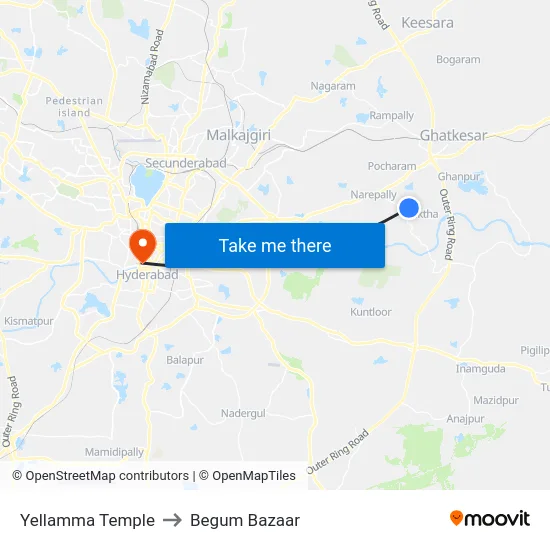 Yellamma Temple to Begum Bazaar map