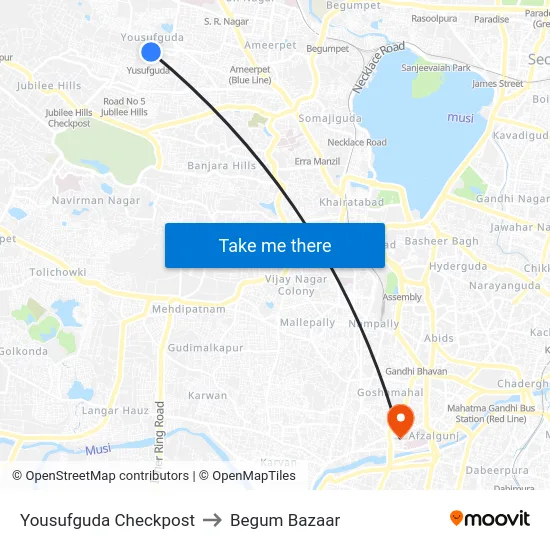 Yousufguda Checkpost to Begum Bazaar map