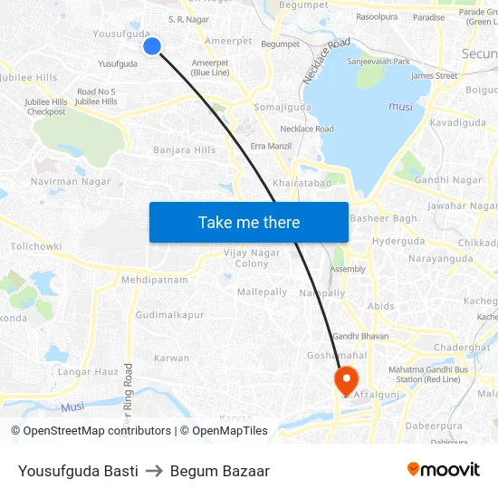 Yousufguda Basti to Begum Bazaar map