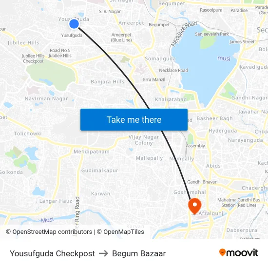 Yousufguda Checkpost to Begum Bazaar map