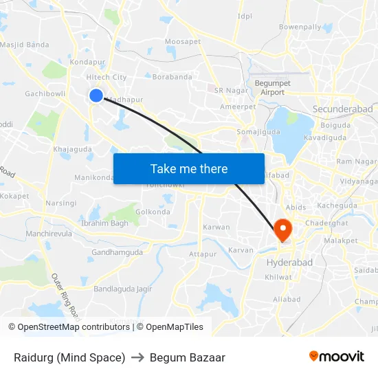 Raidurg (Mind Space) to Begum Bazaar map
