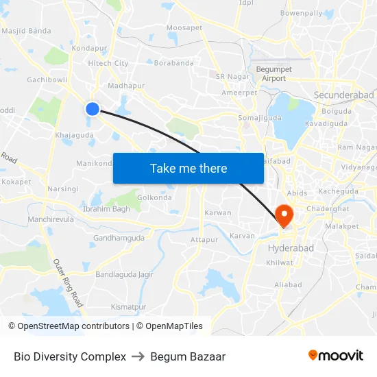 Bio Diversity Complex to Begum Bazaar map