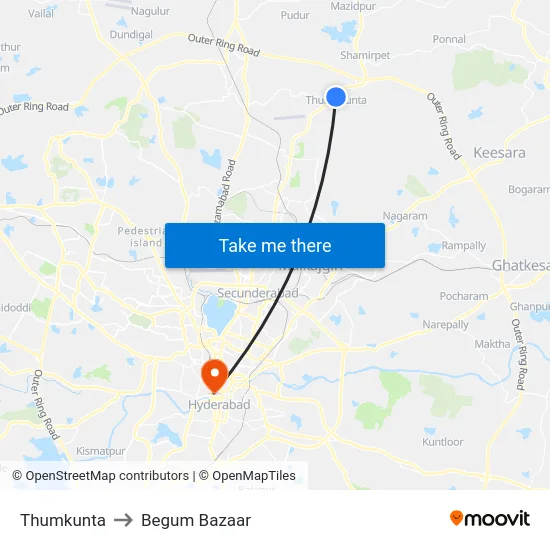 Thumkunta to Begum Bazaar map