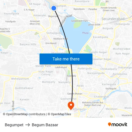 Begumpet to Begum Bazaar map