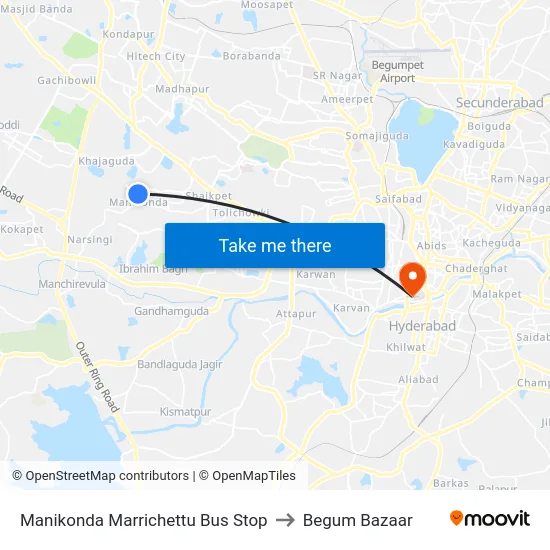 Manikonda Marrichettu Bus Stop to Begum Bazaar map