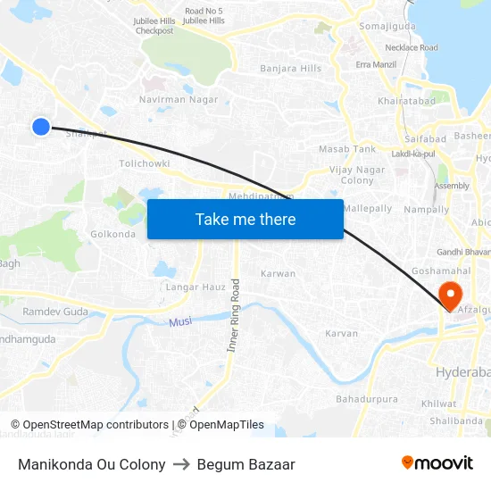 Manikonda Ou Colony to Begum Bazaar map
