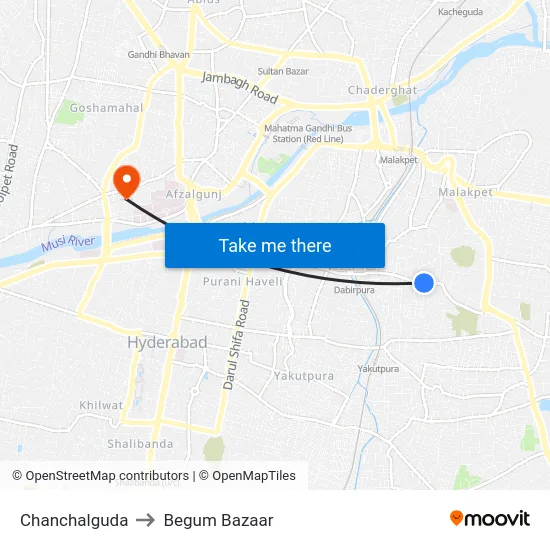 Chanchalguda to Begum Bazaar map