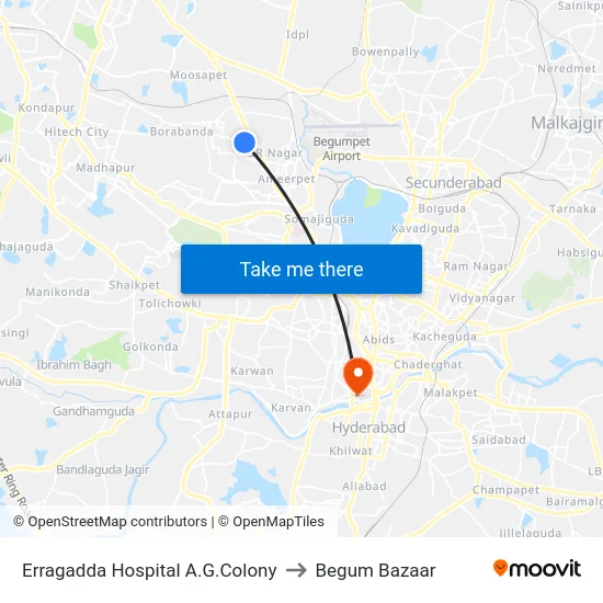 Erragadda Hospital A.G.Colony to Begum Bazaar map