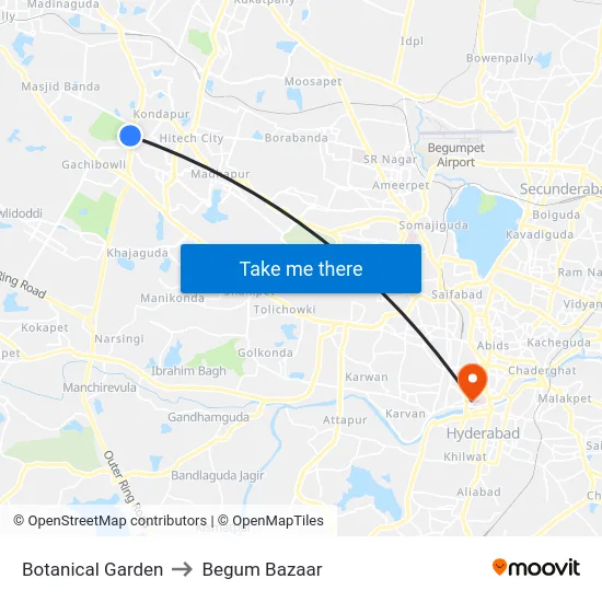 Botanical Garden to Begum Bazaar map