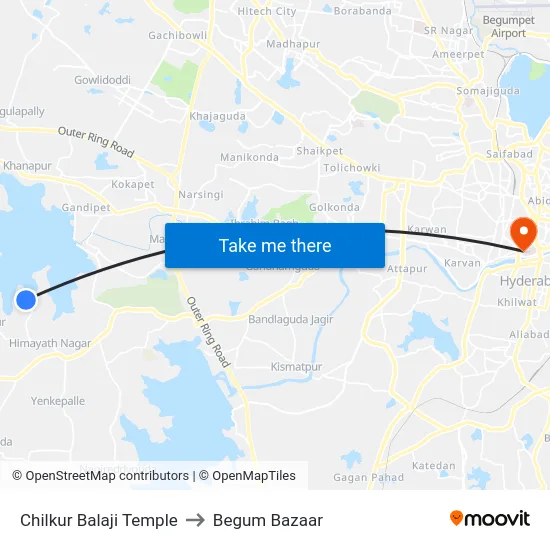 Chilkur Balaji Temple to Begum Bazaar map