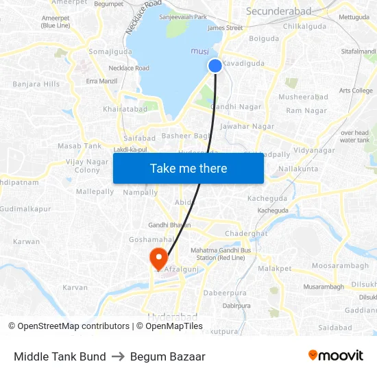 Middle Tank Bund to Begum Bazaar map