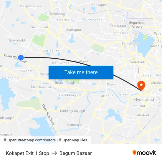 Kokapet Exit 1 Stop to Begum Bazaar map