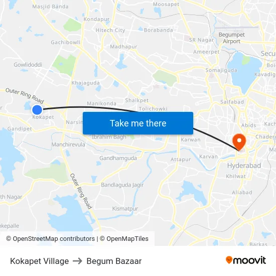 Kokapet Village to Begum Bazaar map