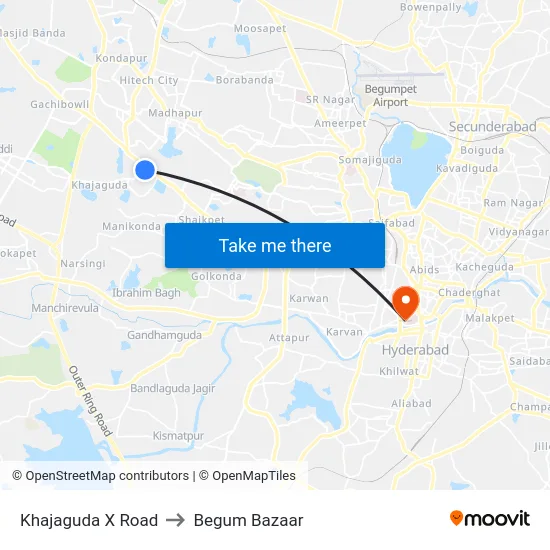 Khajaguda X Road to Begum Bazaar map
