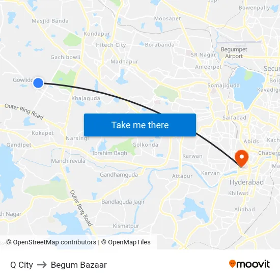 Q City to Begum Bazaar map