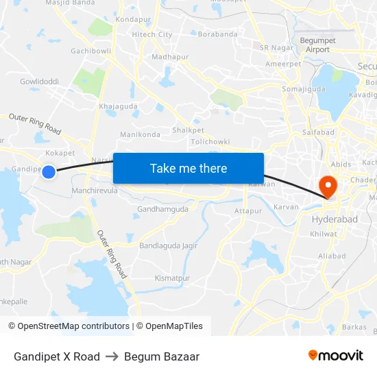 Gandipet X Road to Begum Bazaar map