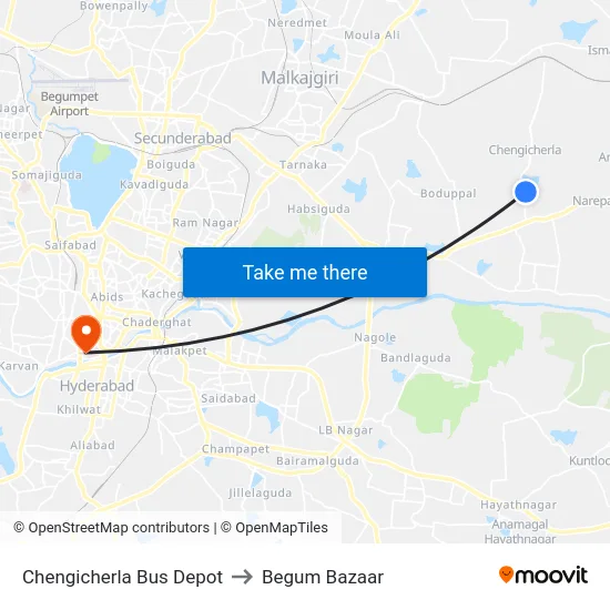 Chengicherla Bus Depot to Begum Bazaar map