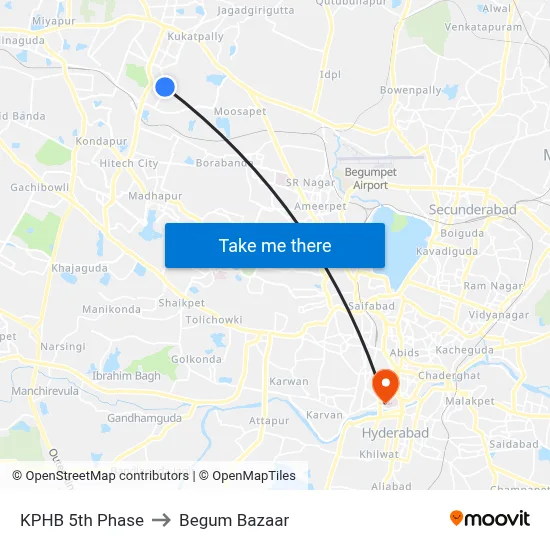 KPHB 5th Phase to Begum Bazaar map