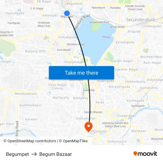 Begumpet to Begum Bazaar map