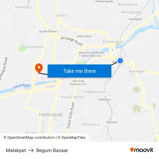 Malakpet to Begum Bazaar map