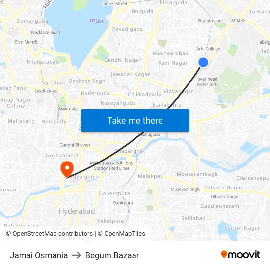 Jamai Osmania to Begum Bazaar map