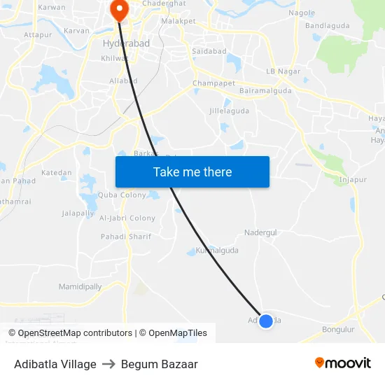 Adibatla Village to Begum Bazaar map