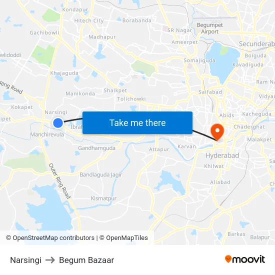 Narsingi to Begum Bazaar map