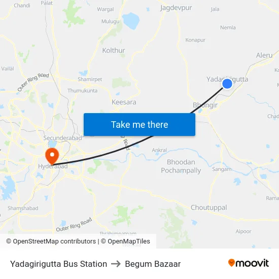 Yadagirigutta Bus Station to Begum Bazaar map