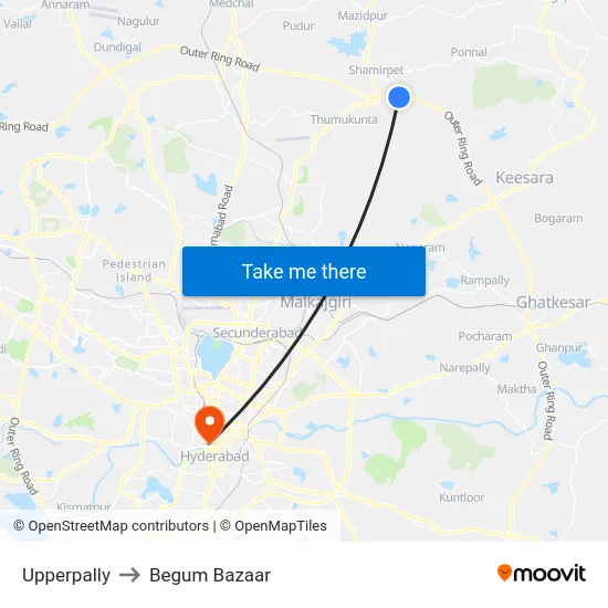 Upperpally to Begum Bazaar map