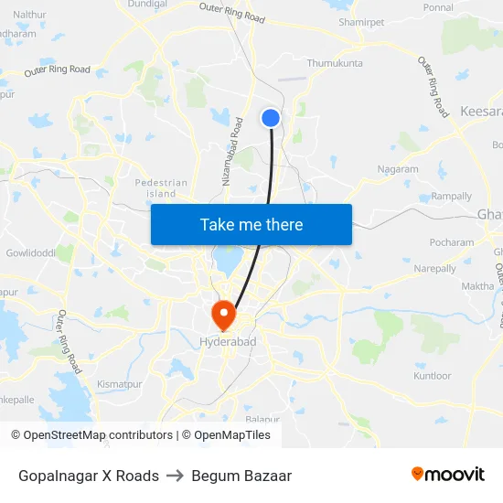 Gopalnagar X Roads to Begum Bazaar map