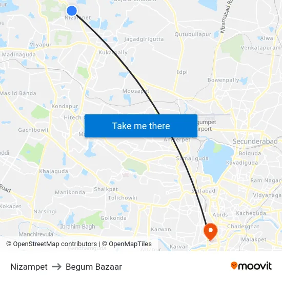 Nizampet to Begum Bazaar map