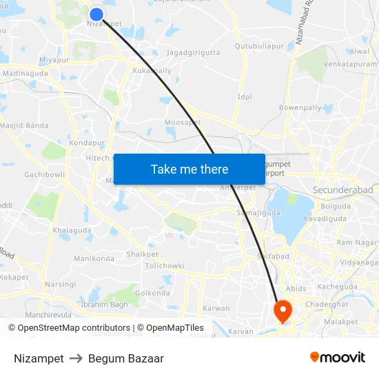Nizampet to Begum Bazaar map